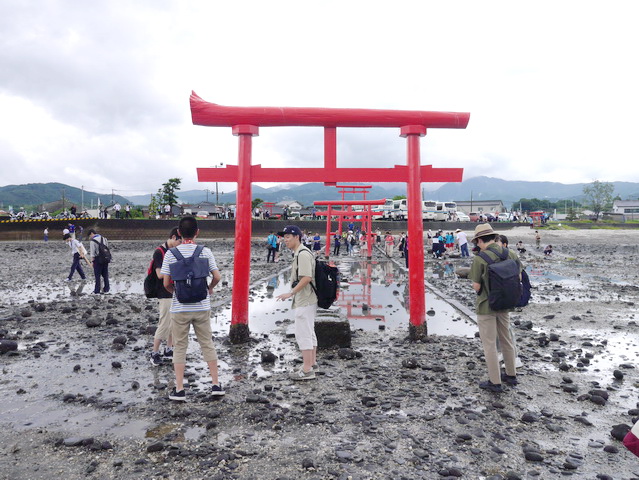 沖の方から鳥居を見る